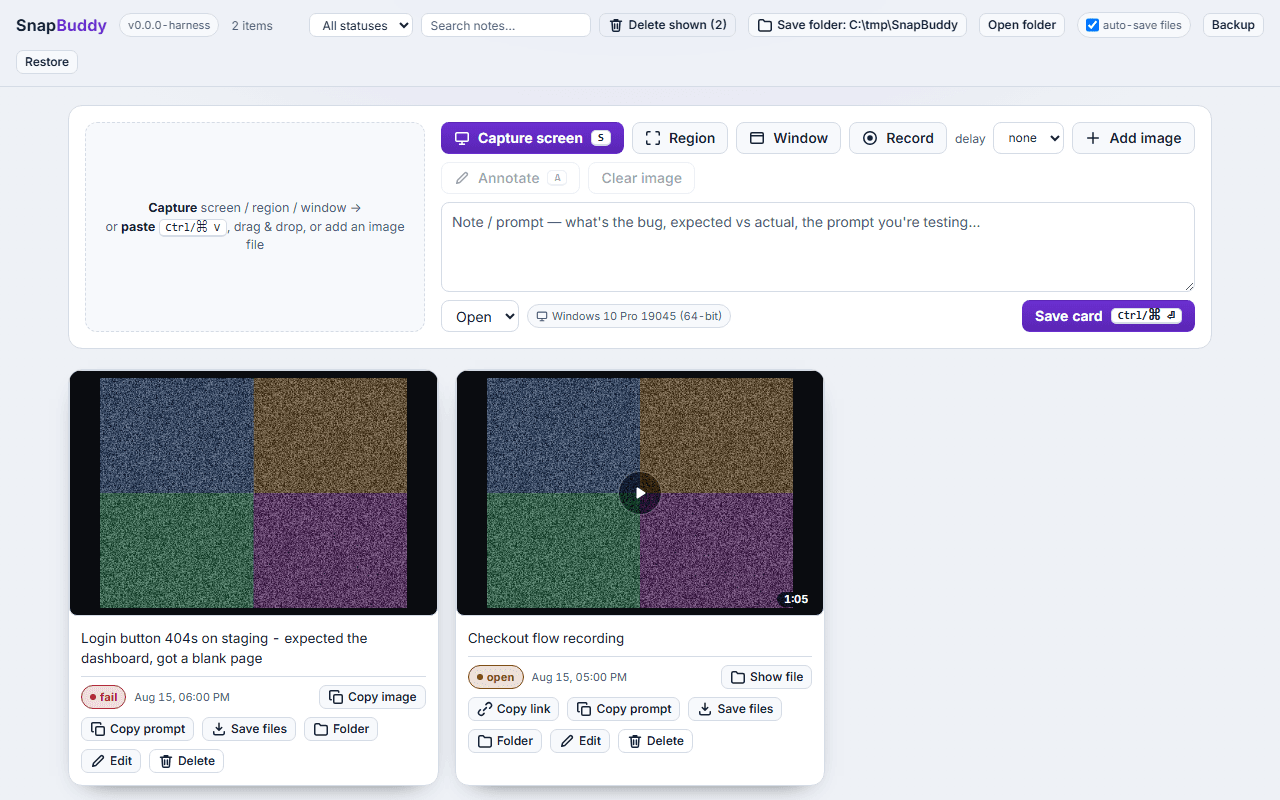 The SnapBuddy desktop board in light theme with the violet accent: two saved cards, a failed screenshot and an open recording, with the accent on the composer and the Save card button.