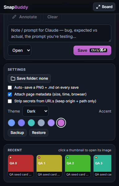 The SnapBuddy extension appearance panel: a theme choice above a row of accent swatches, with magenta selected.