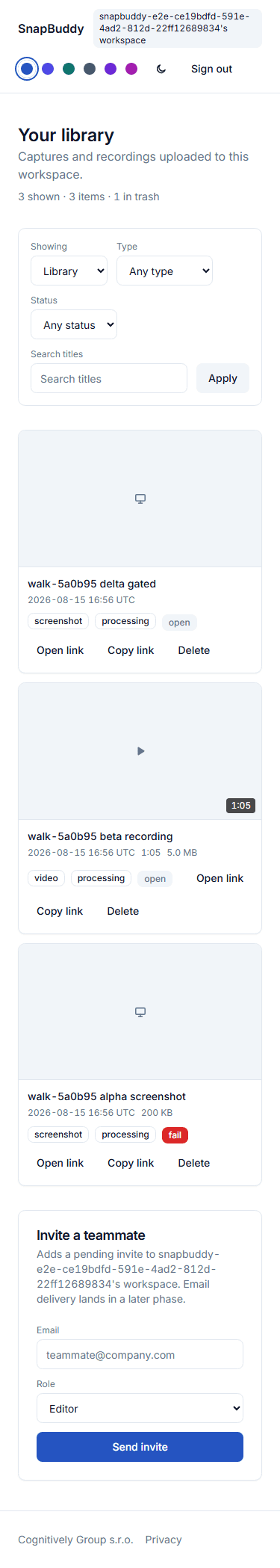 The SnapBuddy web app on a narrow phone screen, its library stacked into one column.